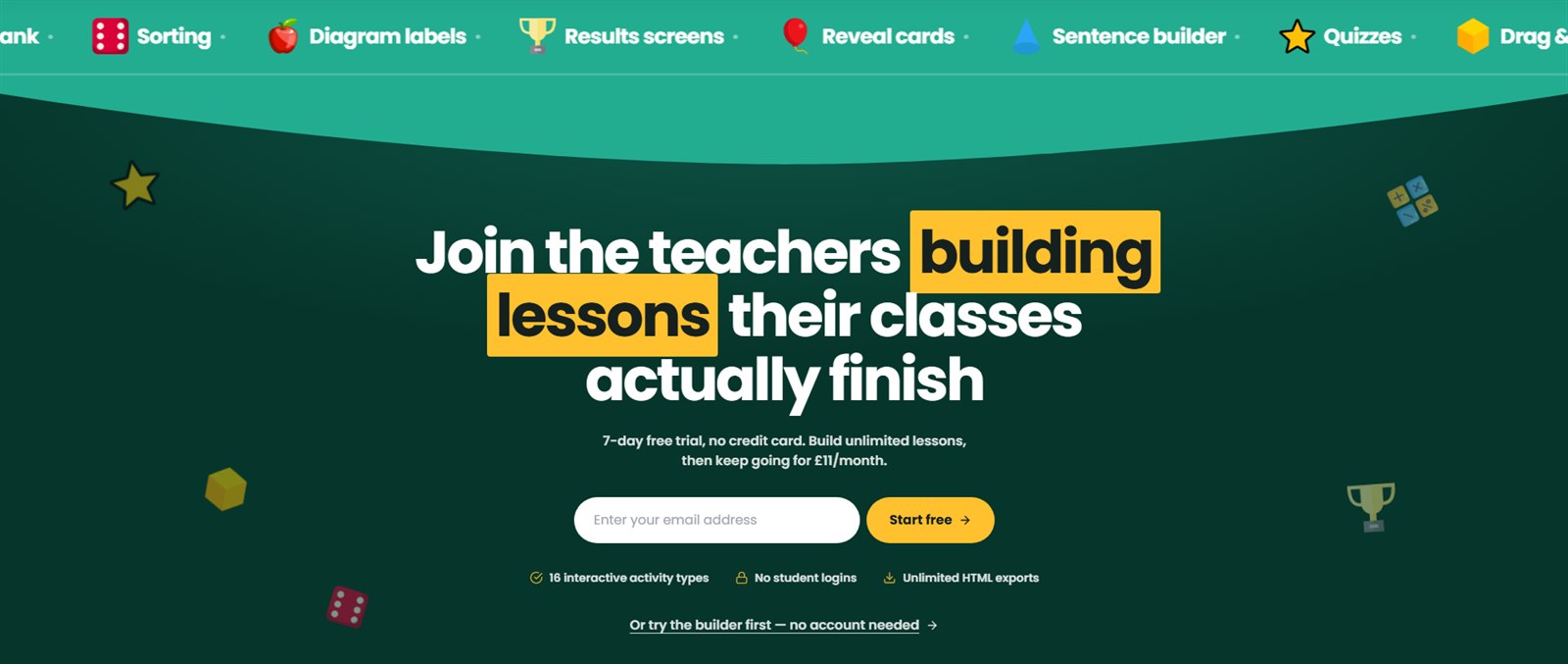 Closing call to action reading join the teachers building lessons their classes actually finish, above an activity type ticker